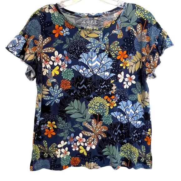 LOFT Floral Hummingbird Tee Womens Medium Navy Colorful Casual Cotton Knit Top - Picture 2 of 8